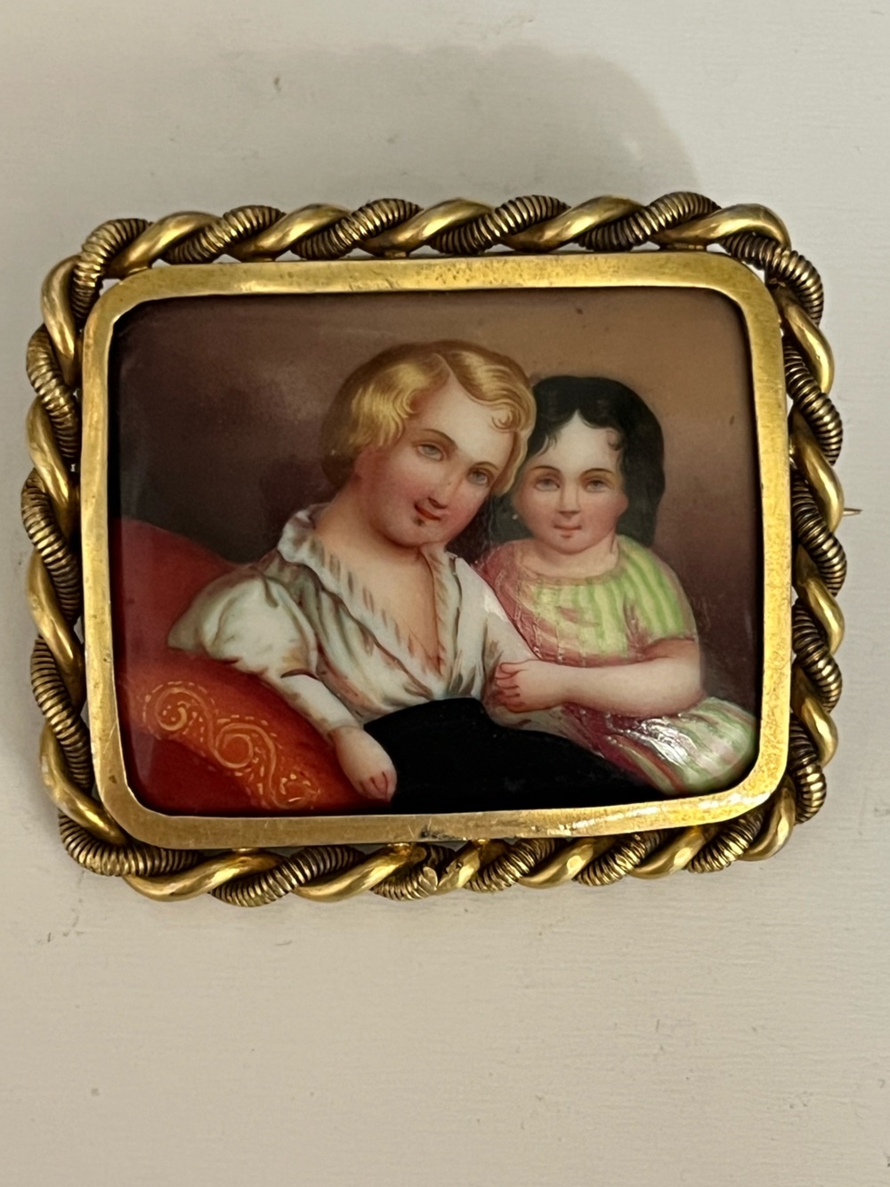 Antique Victorian Gilt Gold-tone Metal Hand Painted Porcelain Plaque Brooch